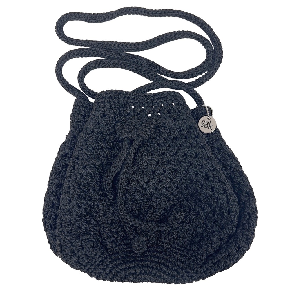 The Sak Black Crochet Drawstring Bucket Crossbody Bag Charm Y2K Goth Vintage